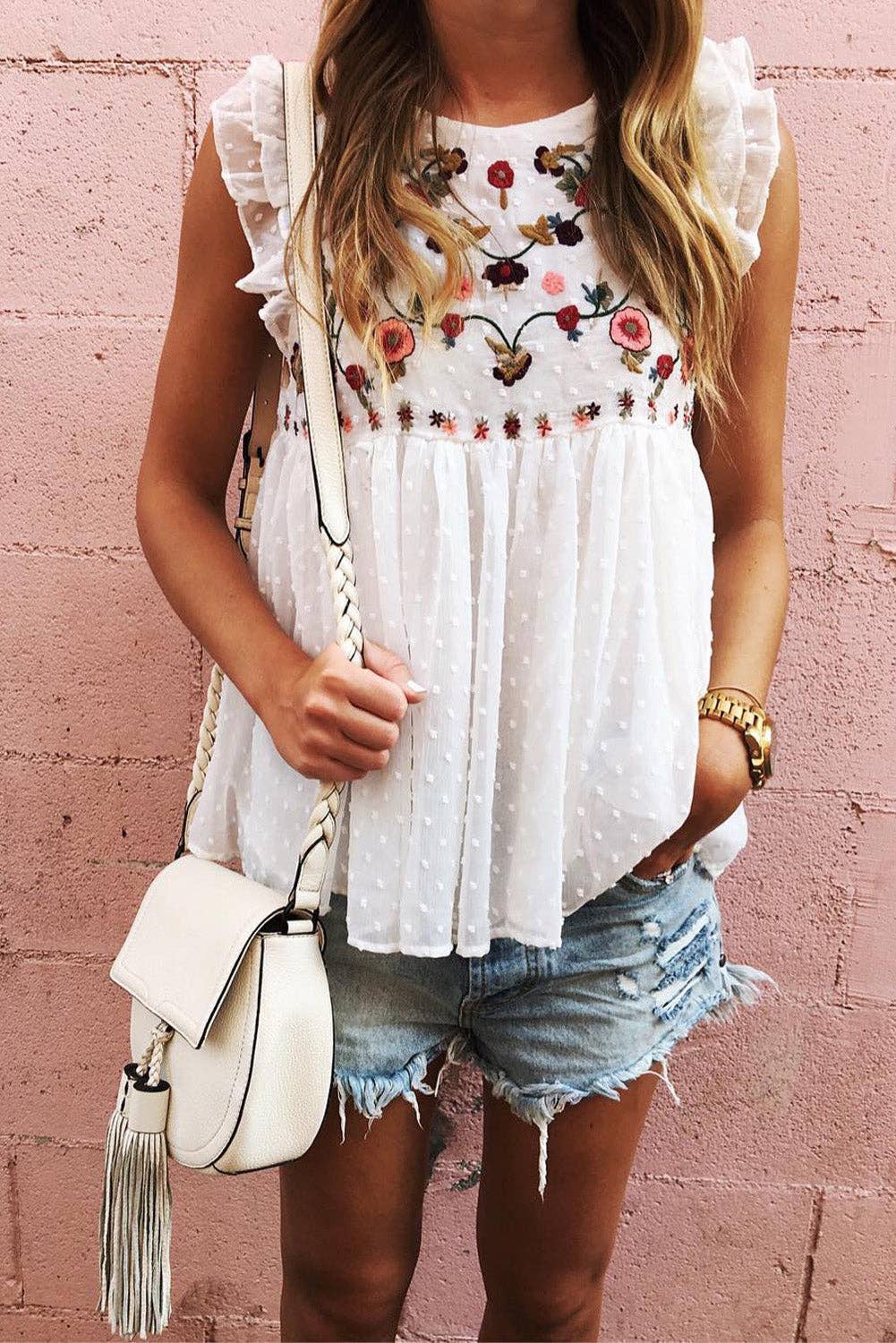 White Floral Embroidered Swiss Dot Ruffled Tank Top