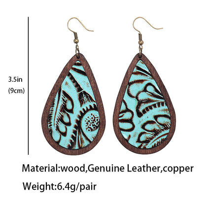 Classic Vintage Drop Leather Wood Earrings