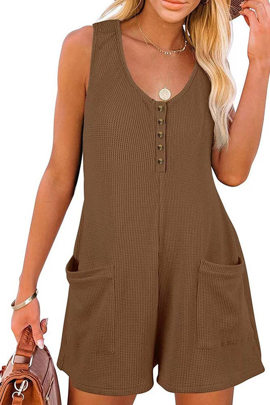 Sleeveless Button Waffle Romper with Pockets