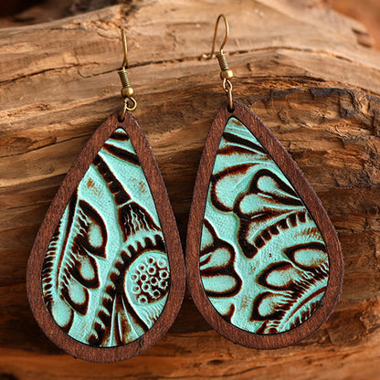 Classic Vintage Drop Leather Wood Earrings